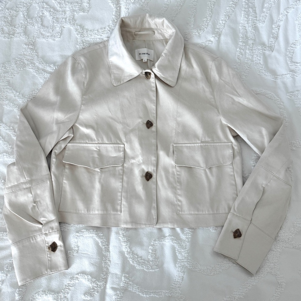 Elegant Faux Suede Light Cream Utility Jacket w/ Shell Buttons, S